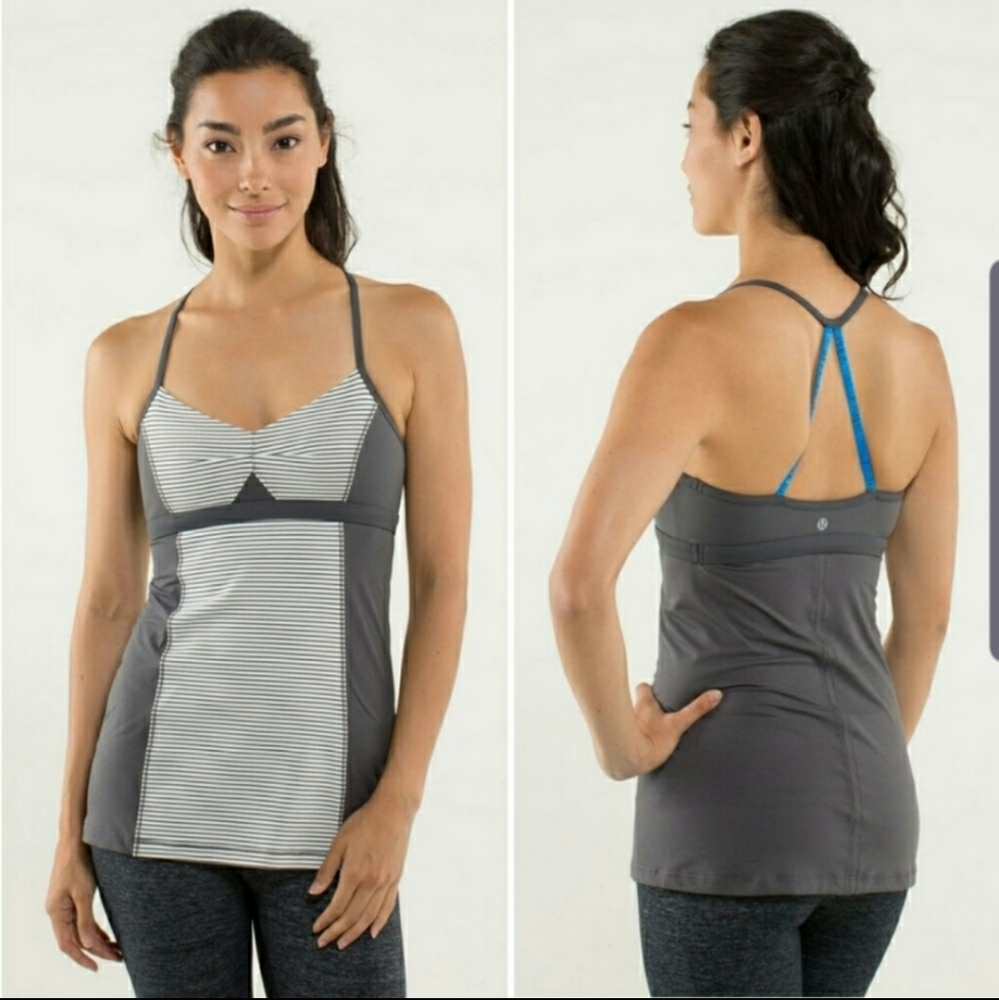 Lululemon bend and flow stripe strappy‎ tank top built in bra gray white  size 4
